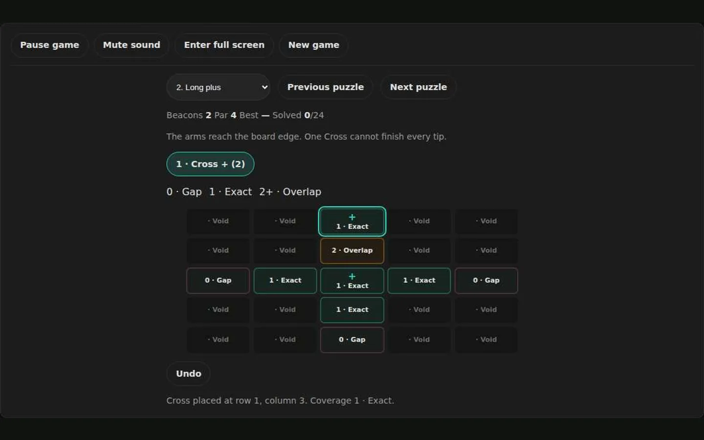 Beacon Lattice on desktop with a five-by-five grid, coverage counts, and four beacon type controls.