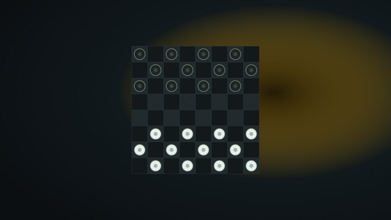 An 8×8 checkers board with dark and light pieces on a dark field