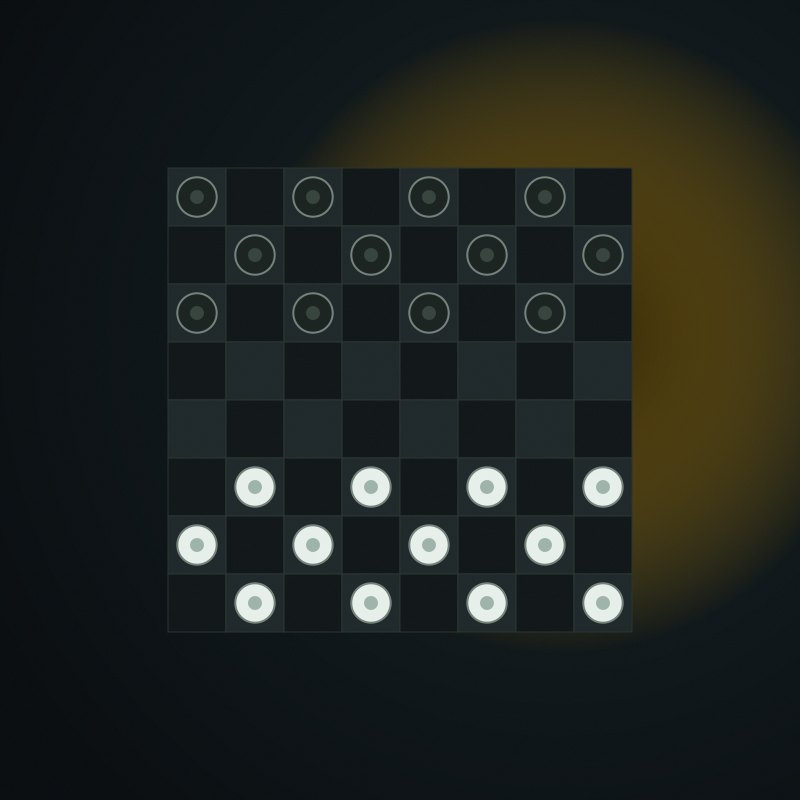 An 8×8 checkers board with dark and light pieces on a dark field