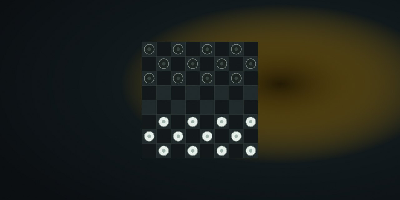 An 8×8 checkers board with dark and light pieces on a dark field