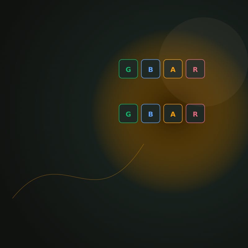 An amber-led path of green, blue, amber, and rose labeled tiles
