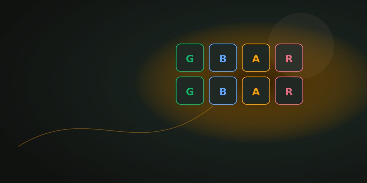 An amber-led path of green, blue, amber, and rose labeled tiles