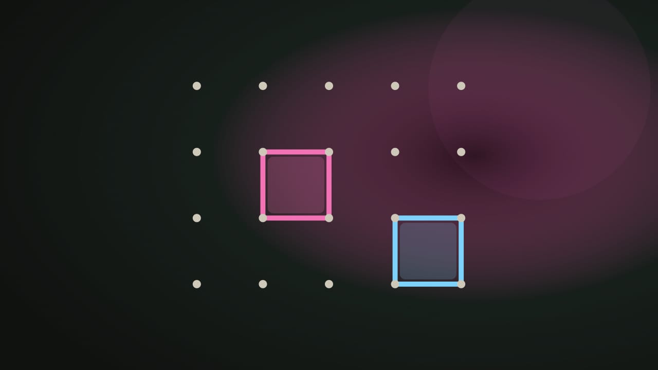 A dark dot lattice with pink and blue drawn edges enclosing two claimed boxes