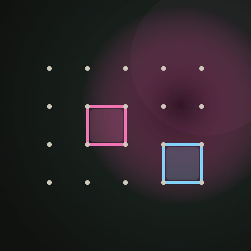 A dark dot lattice with pink and blue drawn edges enclosing two claimed boxes