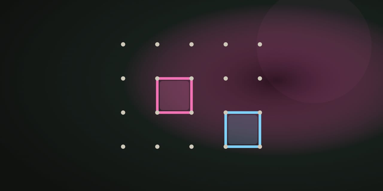 A dark dot lattice with pink and blue drawn edges enclosing two claimed boxes