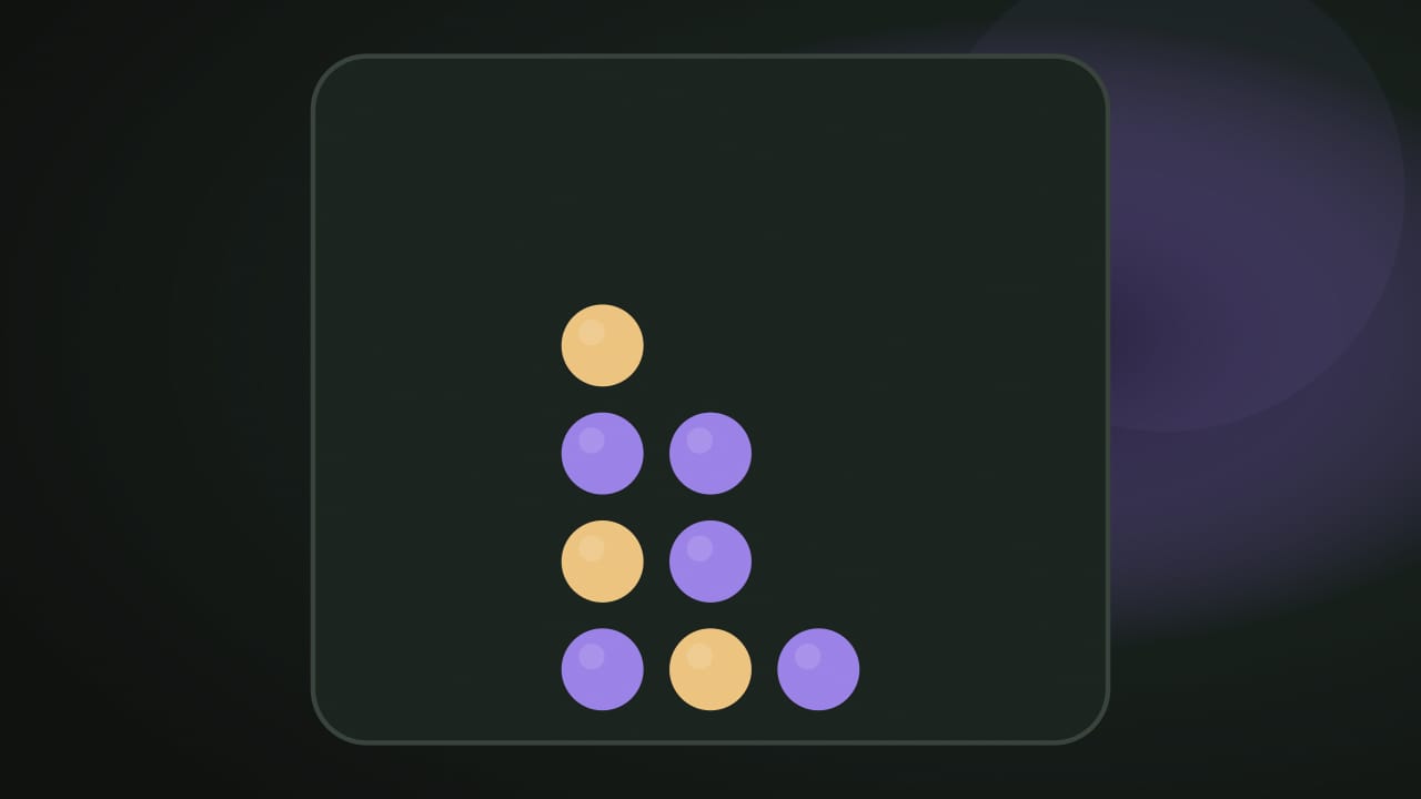 A violet game board with violet and amber discs stacked in its columns