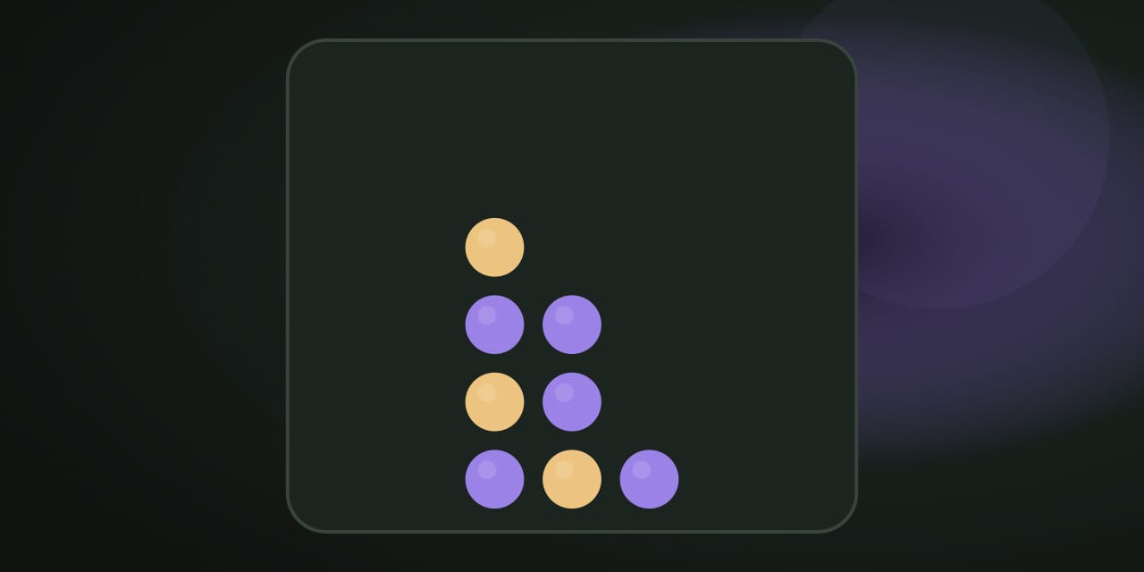 A violet game board with violet and amber discs stacked in its columns