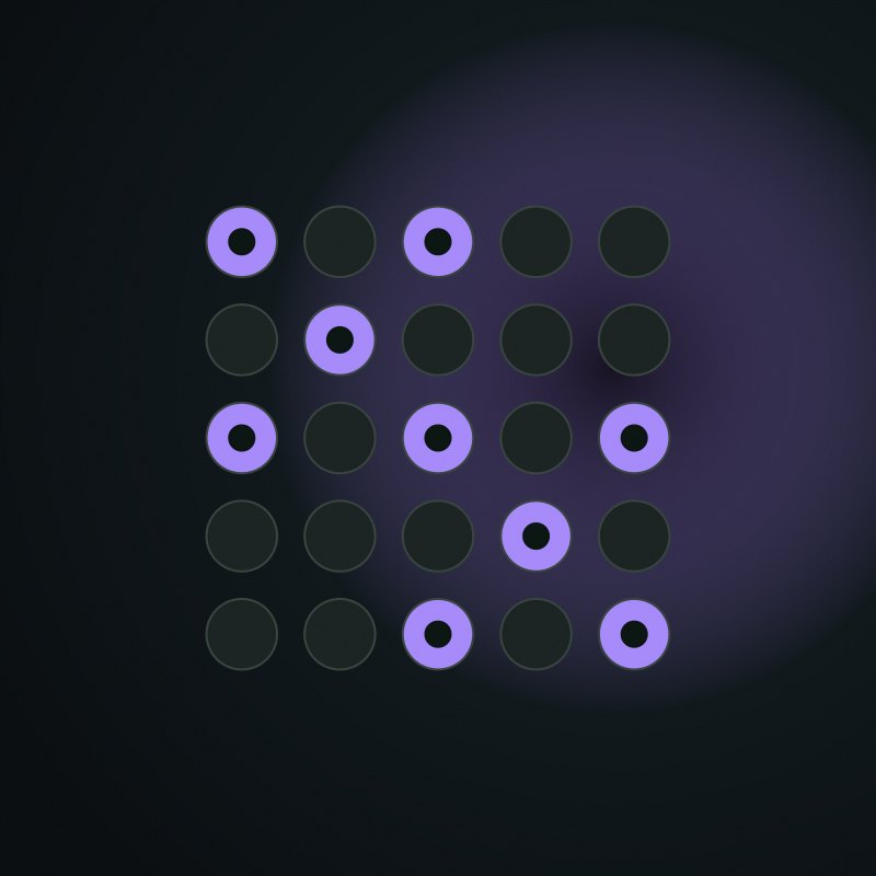 A 5×5 grid of round lights, some lit in violet on a dark field