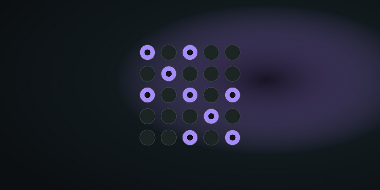 A 5×5 grid of round lights, some lit in violet on a dark field
