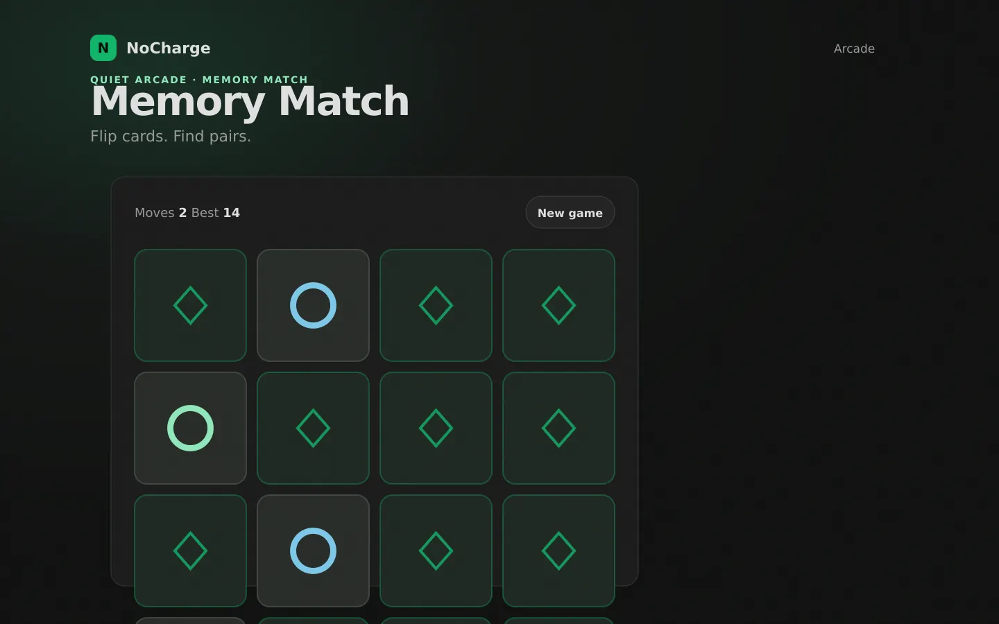 Memory Match shown on desktop with a four-by-four card grid and several geometric symbols revealed.