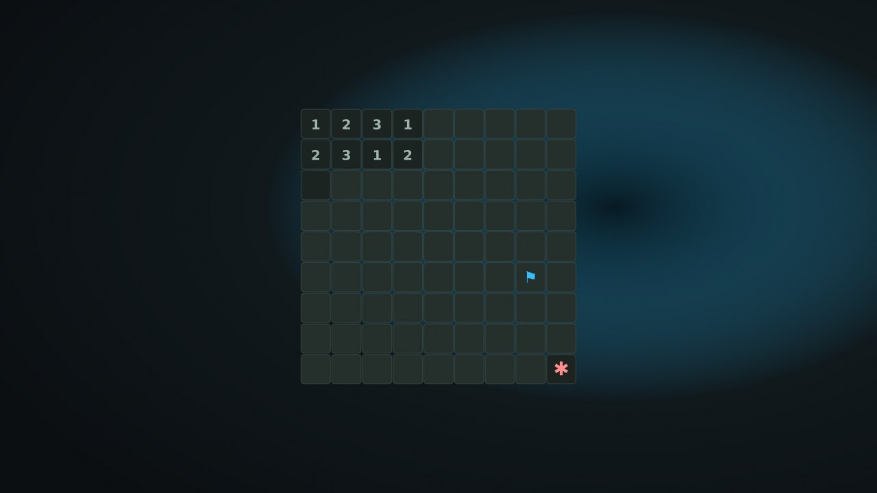 A calm minesweeper grid with revealed numbers, hidden cells, and one flagged mine