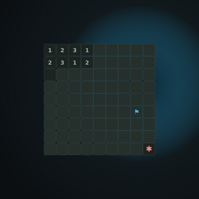 A calm minesweeper grid with revealed numbers, hidden cells, and one flagged mine