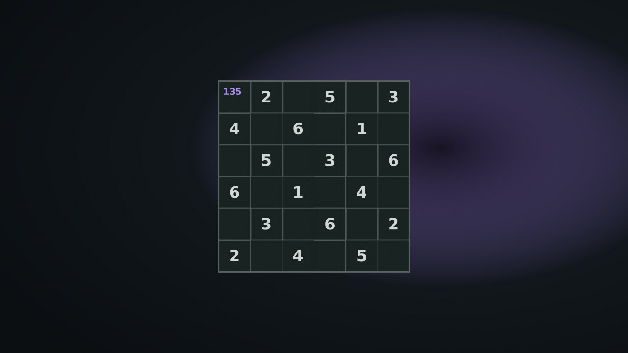 6×6 grid with given digits and pencil notes in the Quiet Arcade palette