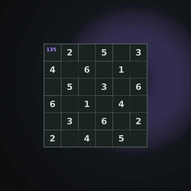 6×6 grid with given digits and pencil notes in the Quiet Arcade palette