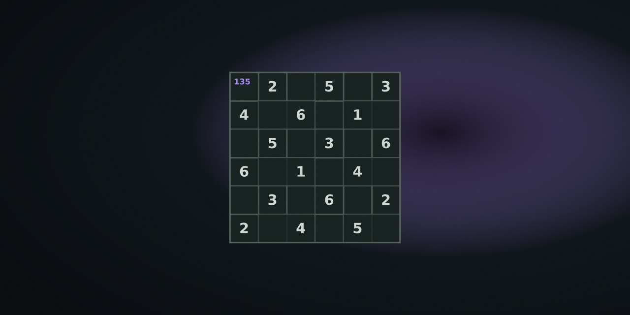 6×6 grid with given digits and pencil notes in the Quiet Arcade palette