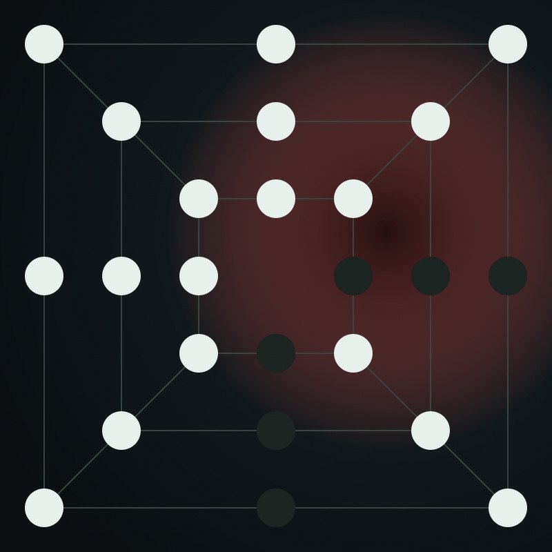 Three concentric squares with corner and midpoint stones in the mill board layout