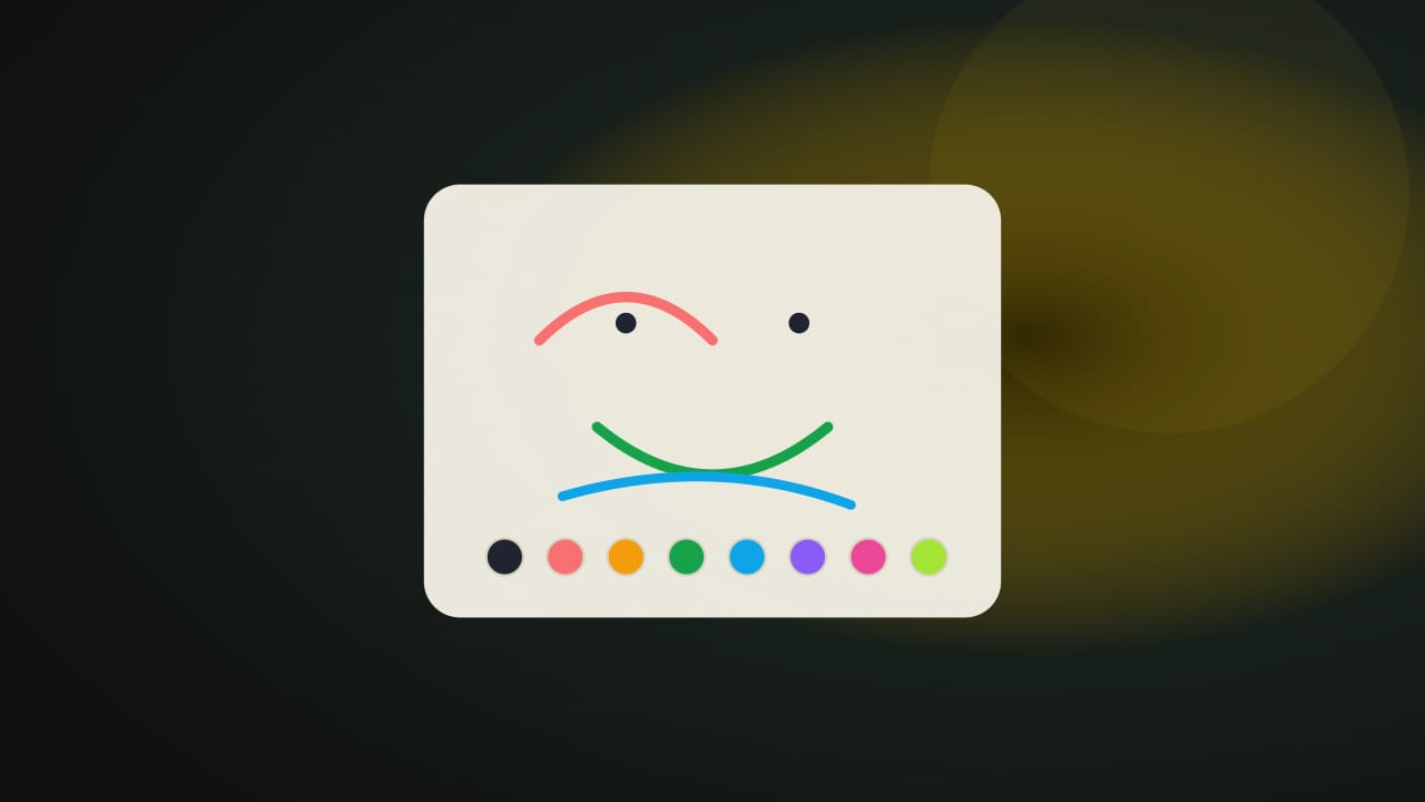 A light drawing canvas with red, blue, and green brush strokes and a small color palette