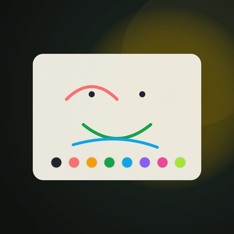 A light drawing canvas with red, blue, and green brush strokes and a small color palette