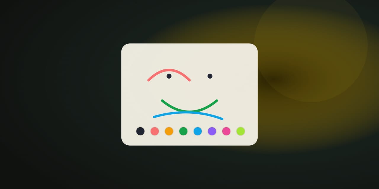 A light drawing canvas with red, blue, and green brush strokes and a small color palette