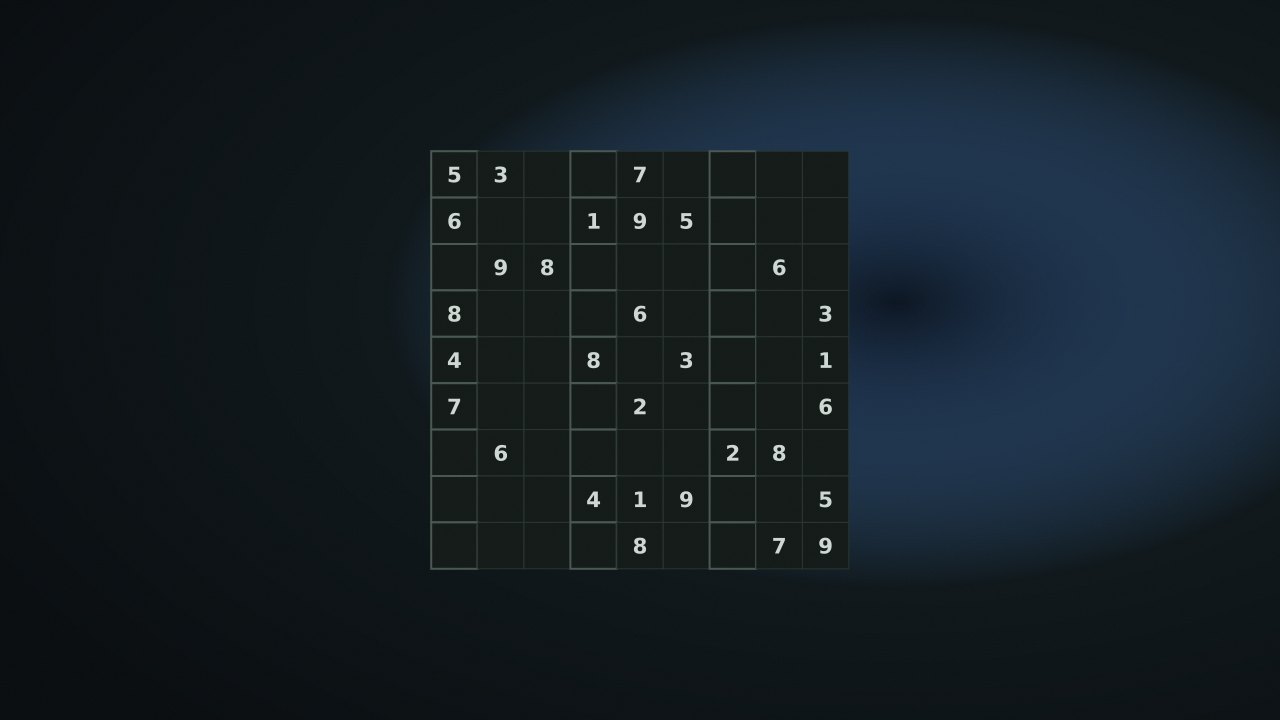A 9×9 sudoku grid with given digits and box borders in the Quiet Arcade palette
