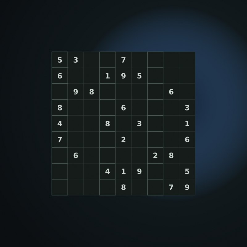 A 9×9 sudoku grid with given digits and box borders in the Quiet Arcade palette