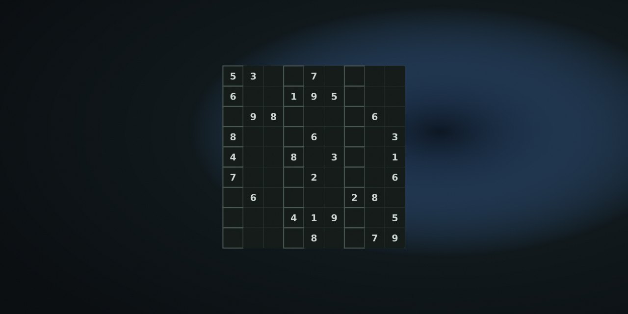 A 9×9 sudoku grid with given digits and box borders in the Quiet Arcade palette