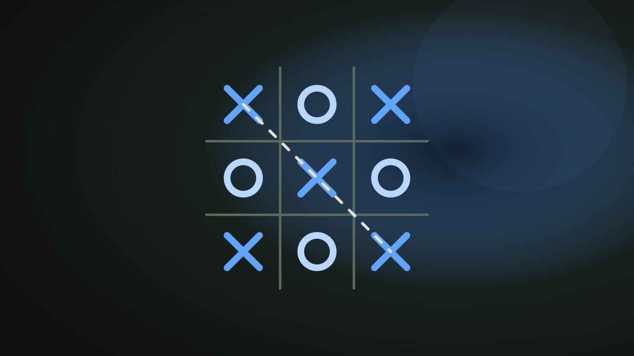 A dark tic-tac-toe board where blue X marks complete a winning diagonal