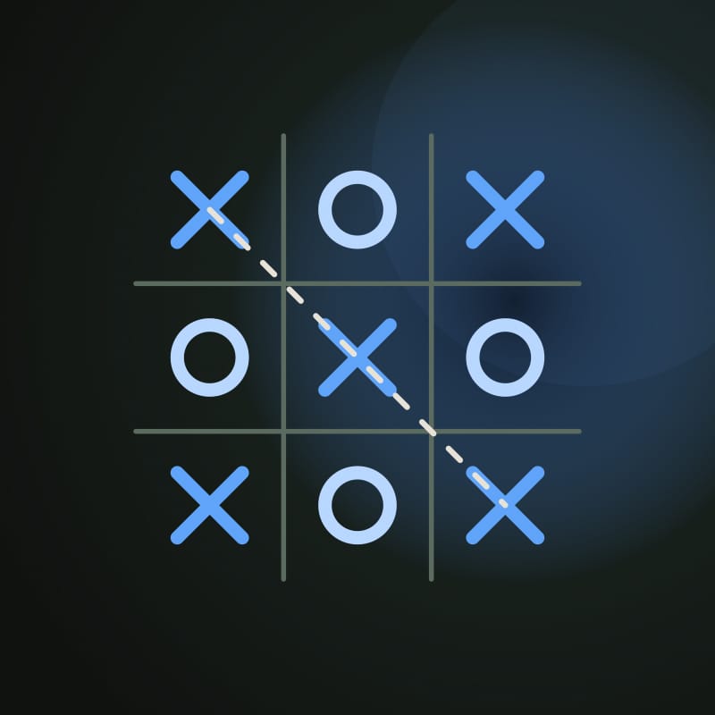 A dark tic-tac-toe board where blue X marks complete a winning diagonal