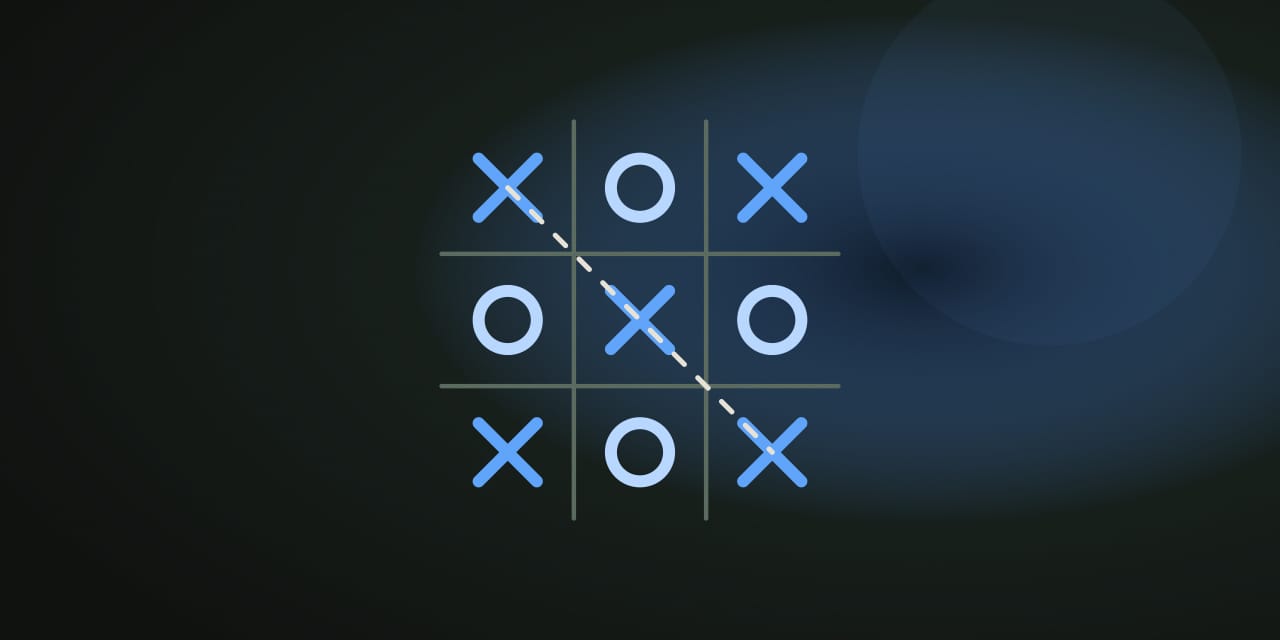 A dark tic-tac-toe board where blue X marks complete a winning diagonal