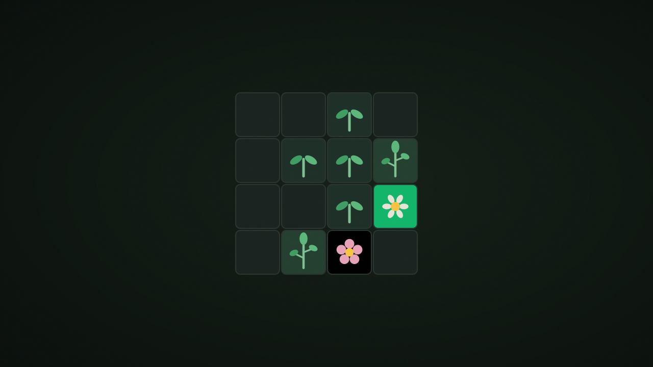 Plant tiles merging on a garden grid with seeds growing into flowers