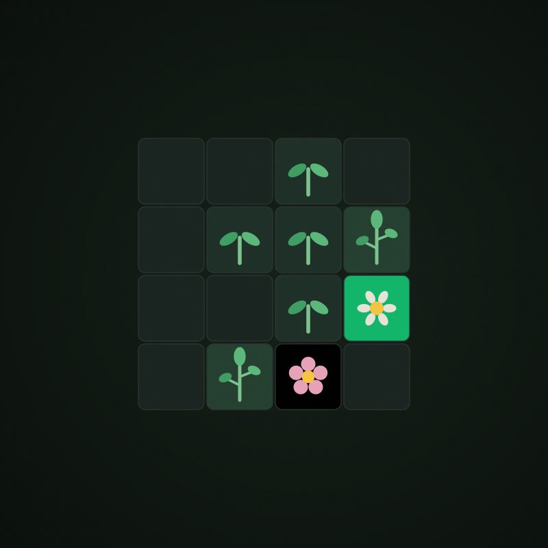 Plant tiles merging on a garden grid with seeds growing into flowers