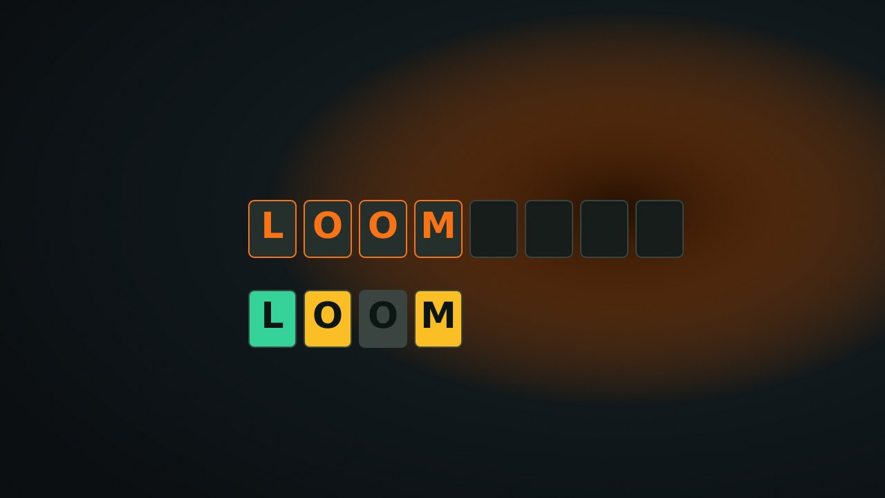 Five letter tiles with one highlighted in orange on a dark Quiet Arcade field