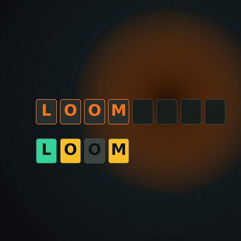 Five letter tiles with one highlighted in orange on a dark Quiet Arcade field