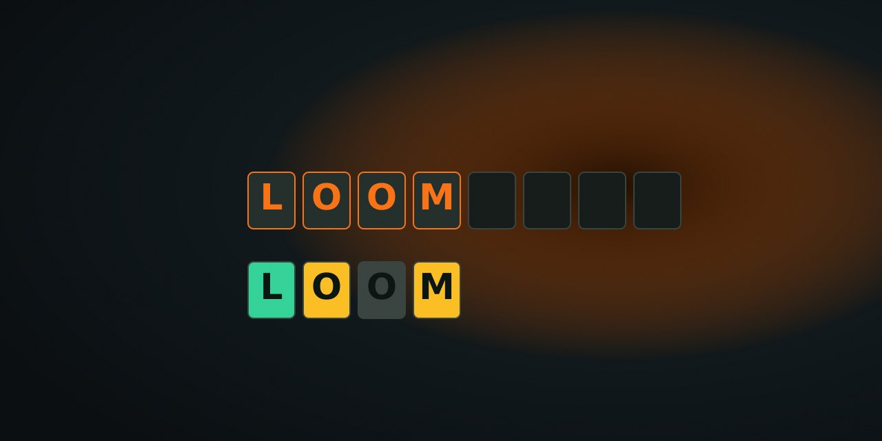 Five letter tiles with one highlighted in orange on a dark Quiet Arcade field