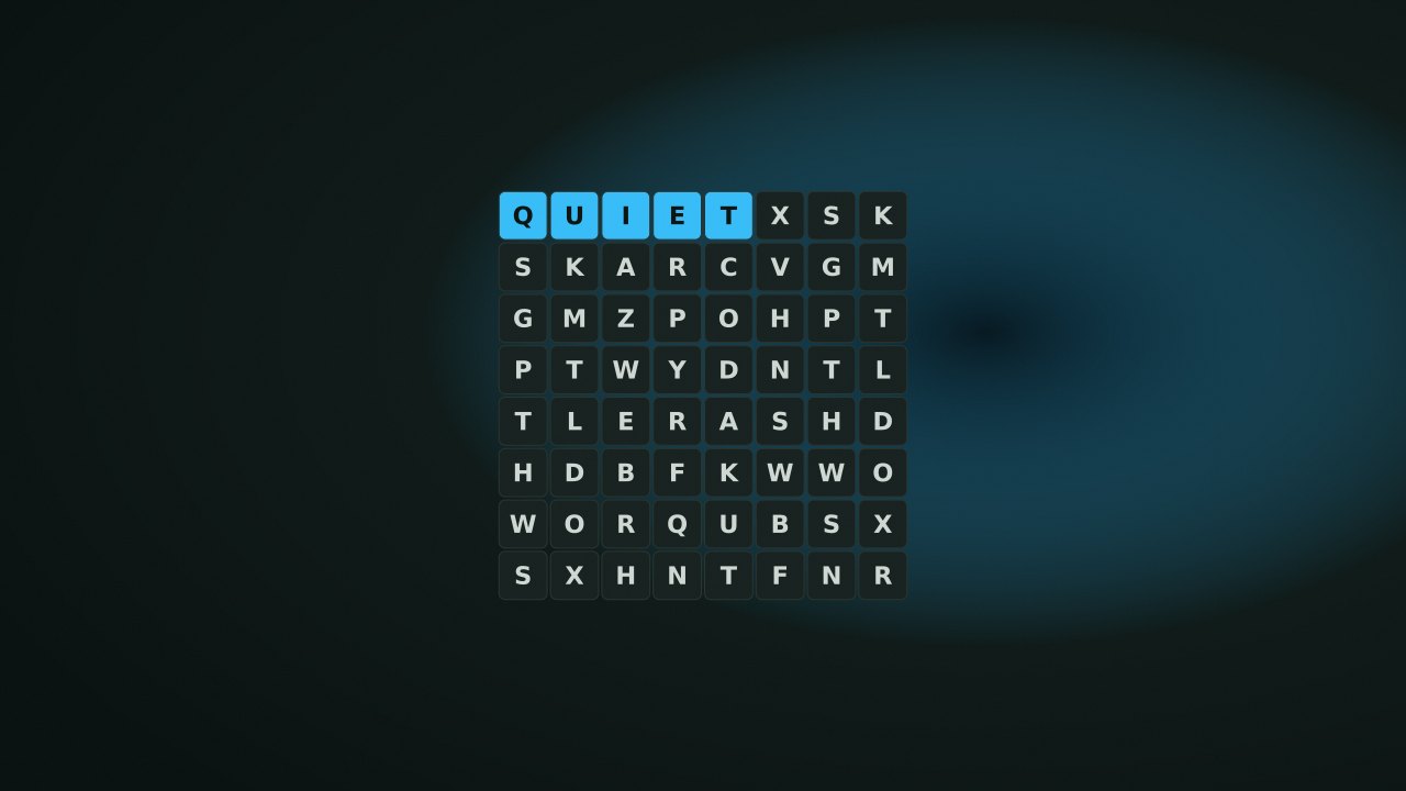 Letter grid with one word highlighted in the Quiet Arcade palette