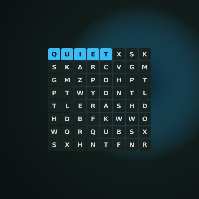 Letter grid with one word highlighted in the Quiet Arcade palette