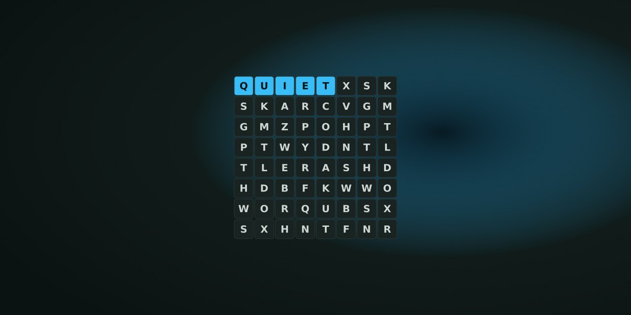 Letter grid with one word highlighted in the Quiet Arcade palette