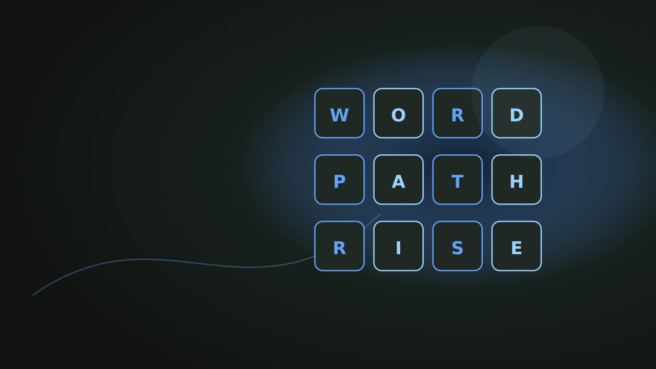 Rising cobalt letter tiles joined by a luminous word path