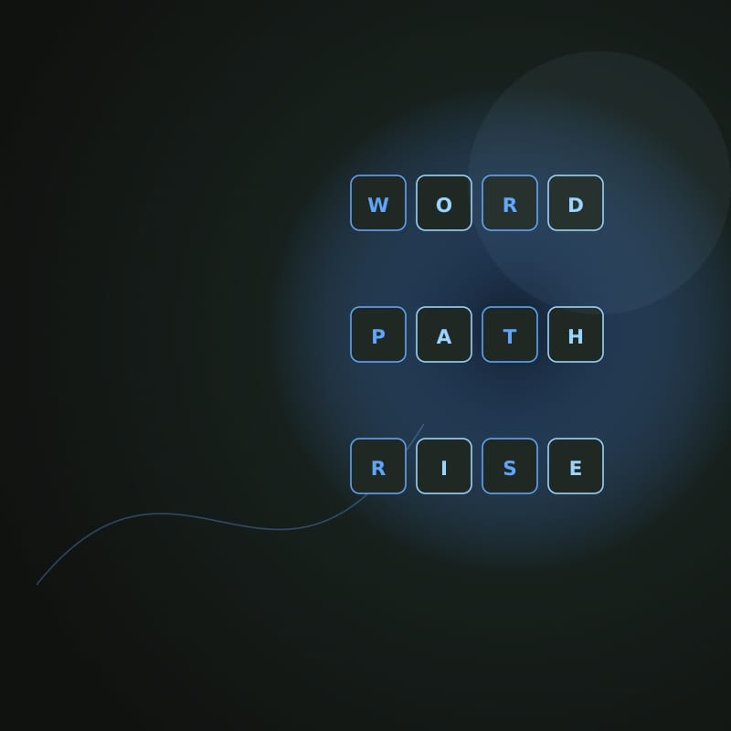 Rising cobalt letter tiles joined by a luminous word path
