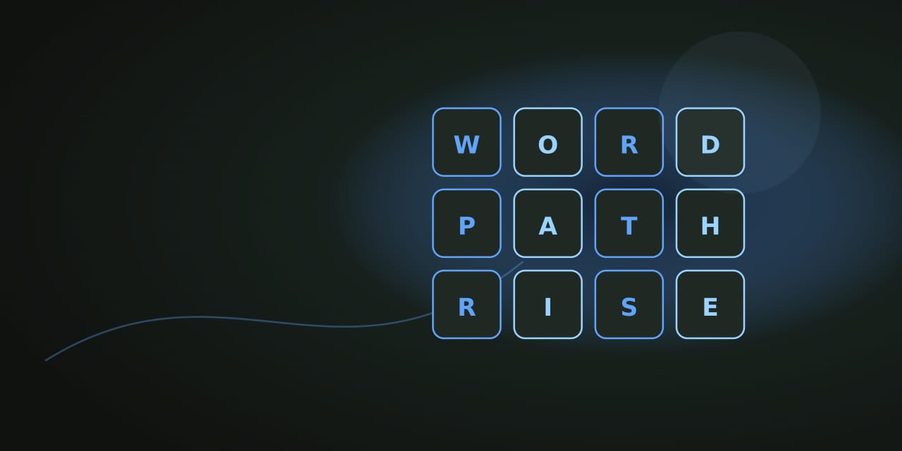 Rising cobalt letter tiles joined by a luminous word path