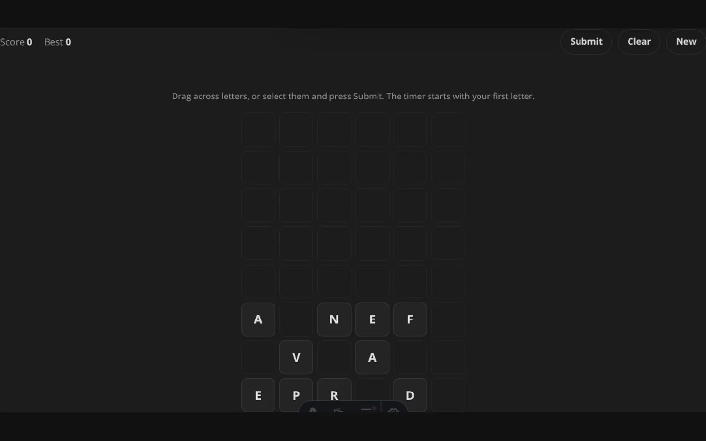 Word Tile Rush running with a six-column letter grid, selected path, score, and submit control.