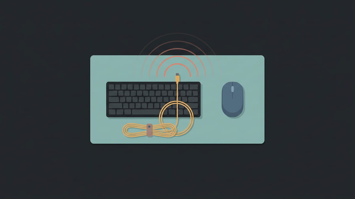 Keyboards topic: desk-noise editorial illustration showing compact layout, key feel, and sound sources on a calm desk