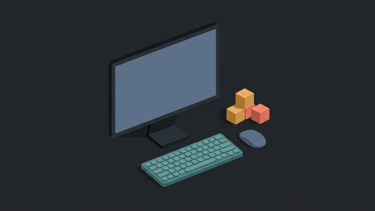 Quiet Setup hero: calm desk with keyboard, monitor, lamp, and puzzle book, 16:9 editorial illustration