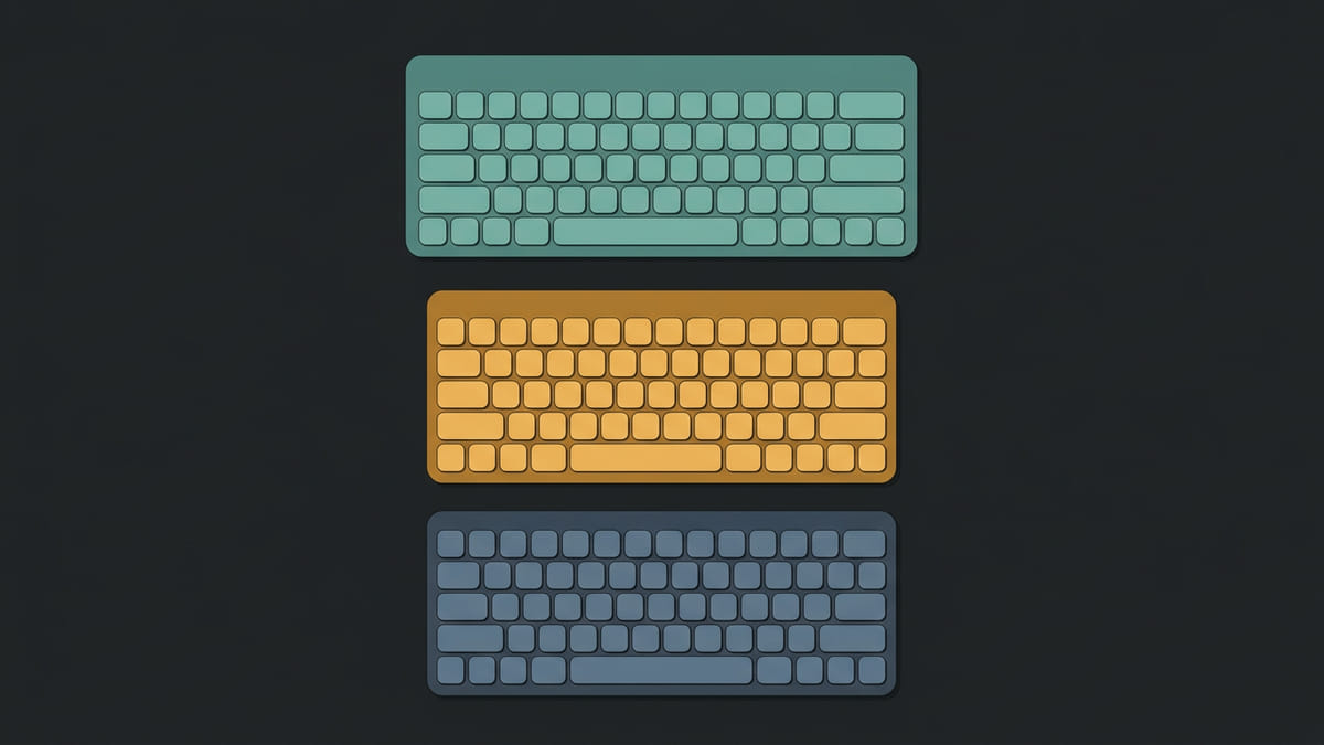 Keyboards topic: keyboards editorial illustration showing compact layout, key feel, and sound sources on a calm desk