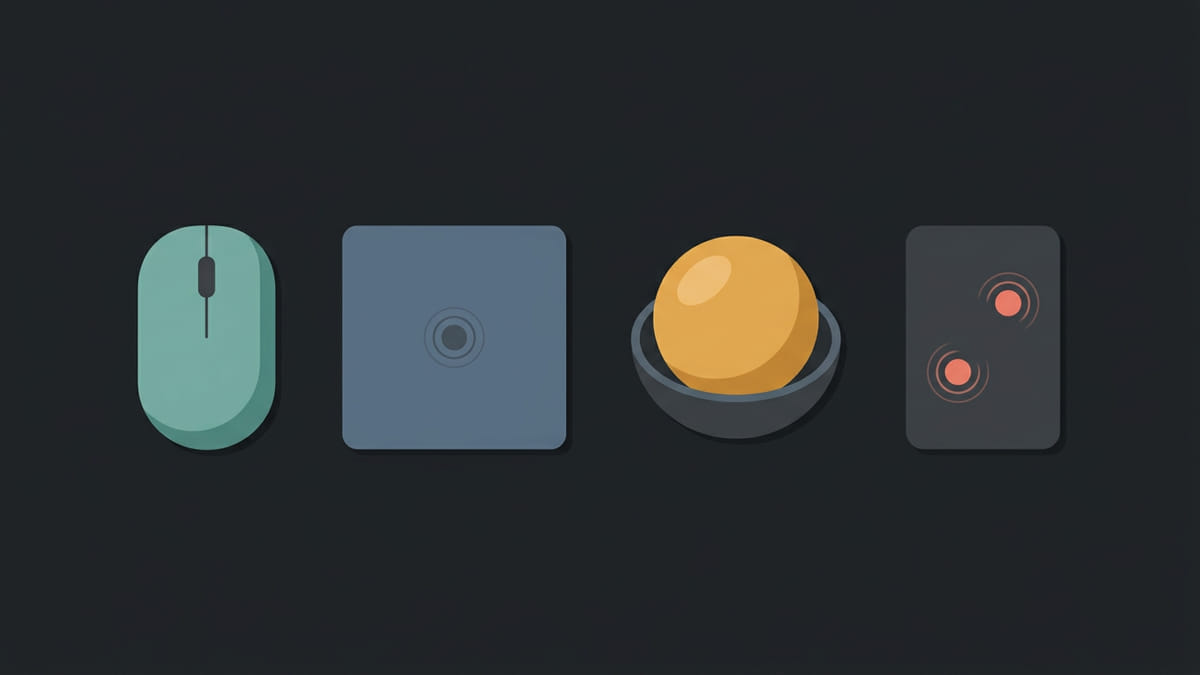 Pointing devices topic: pointing illustration comparing mouse, trackpad, trackball, and touch tradeoffs
