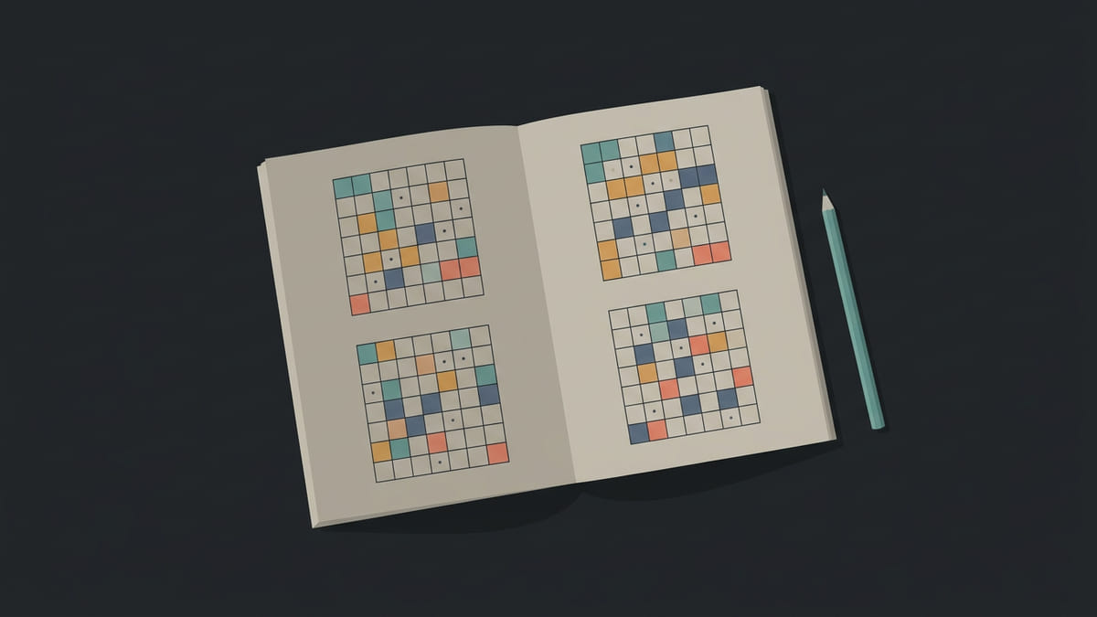 Offline puzzles topic: puzzles-desk illustration of paper puzzle formats, binding, and answer keys
